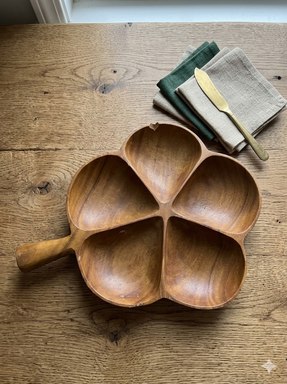 Vintage Wooden 5-Section Serving Tray - Natural Brown